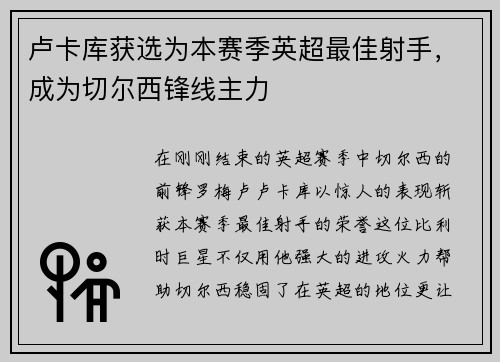 卢卡库获选为本赛季英超最佳射手，成为切尔西锋线主力