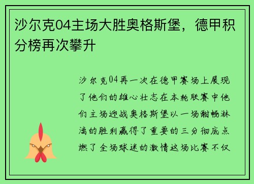 沙尔克04主场大胜奥格斯堡，德甲积分榜再次攀升