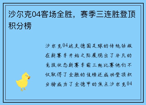 沙尔克04客场全胜，赛季三连胜登顶积分榜